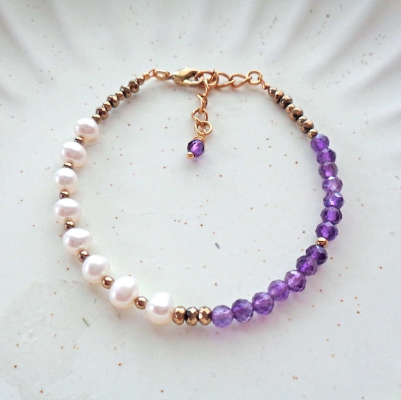 Amethyst and Pearls Birthstone Bracelet / February Birthday Gift / Gold or Silver Amethyst Bracelet