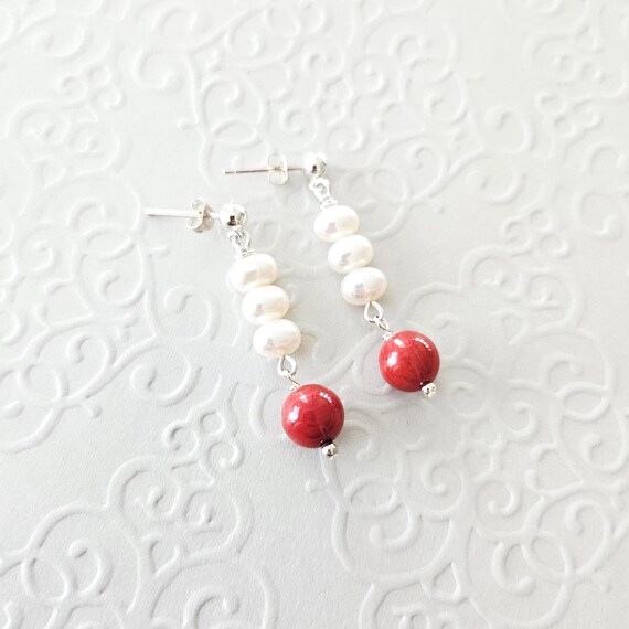 Coral and White Freshwater Pearls Drop Earrings with Sterling Silver Posts