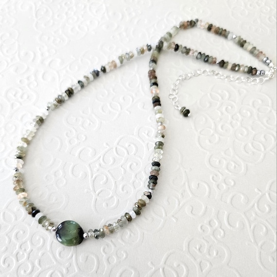 Green Lodalite Garden Quartz Necklace with Chrysoprase and Sterling Silver