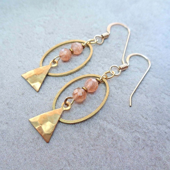 Geometric Sunstone Earrings / Brass Everyday Earrings / Sunstone Jewelry / Sunstone Drops