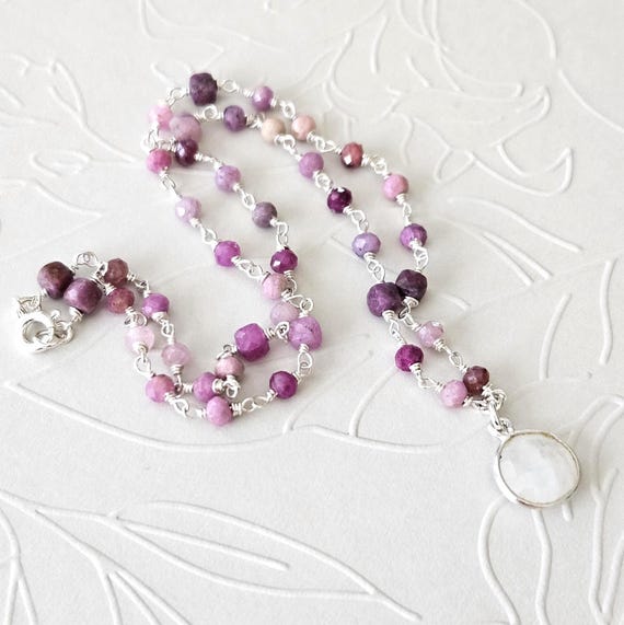 Dainty Ruby Sterling Silver Moonstone Wire Wrapped Necklace
