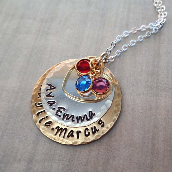 Personalized Names Necklace with Birthstone Crystals - Mom Nana Jewelry - Mothers Day Gift