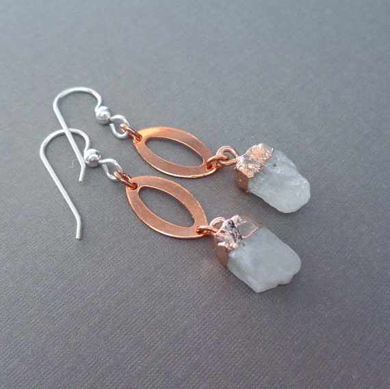 Raw Moonstone Earrings / Rose Capped Rough Moonstone / June Birthday Gift / Moonstone Copper Jewelry