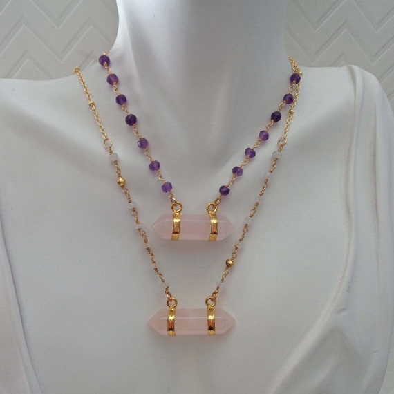Rose Quartz Bar Necklace / Double Terminated Rose Quartz with Amethyst or Moonstone / Valentines Day Gift / Love Stone Gift