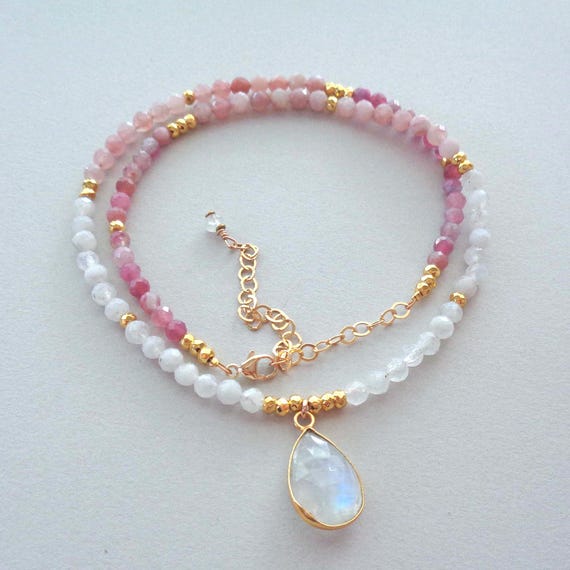 Gold Moonstone Pendant Rose Quartz, Pink Tourmaline, Blue Kyanite, Aquamarine Necklace / Moonstone Luxe Jewelry