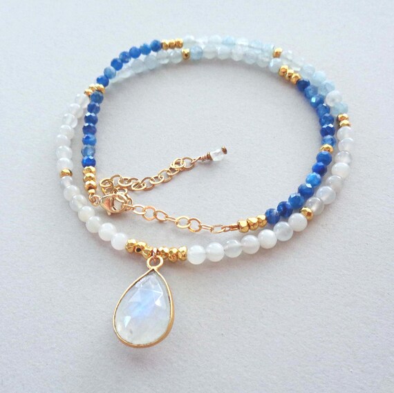 Gold Moonstone Pendant Blue Kyanite, Aquamarine, Rose Quartz, Pink Tourmaline Necklace  / Moonstone Luxe Jewelry