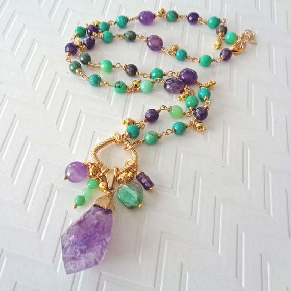 Raw Amethyst & Australian Green Chrysoprase Pendant / Wire-wrapped Gemstones Carabiner Clasp / Glam Colorful Necklace
