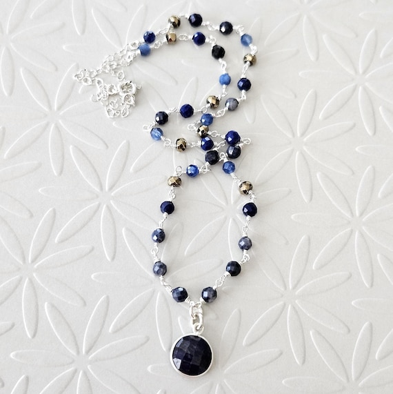 Dainty Sapphire Pendant Necklace in Sterling Silver with Lapis Lazuli, Kyanite, Pyrite