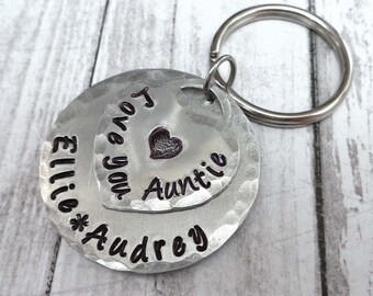 Love You Auntie Keychain - Personalized Names Keychain - Gift for Aunt Custom Name - Hand-Stamped Keychain