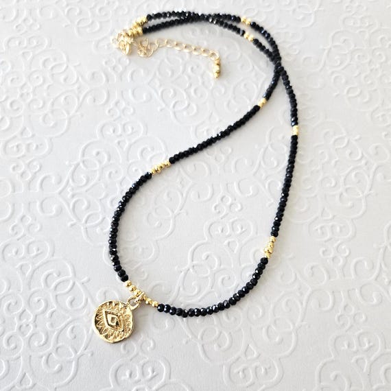 Dainty Black Tourmaline & Gold Evil Eye Necklace Crystal Protection Jewelry
