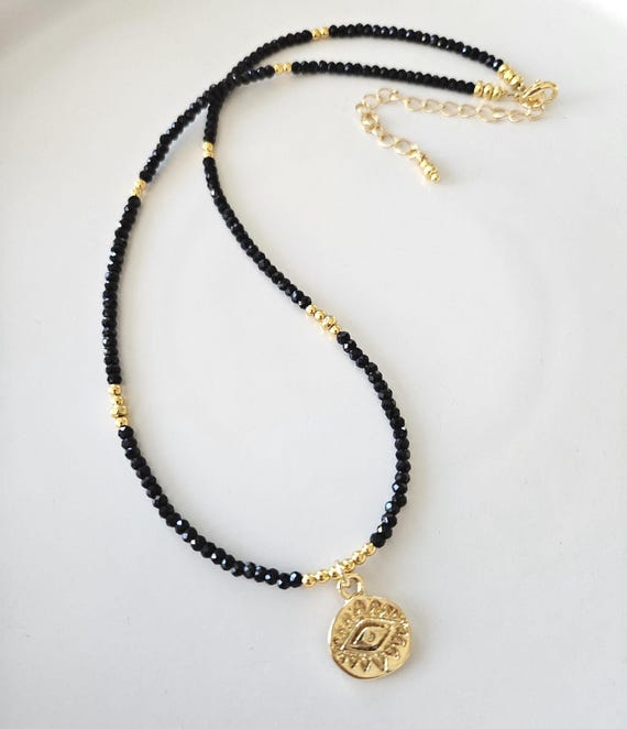 Dainty Black Tourmaline & Gold Evil Eye Necklace Crystal Protection Jewelry
