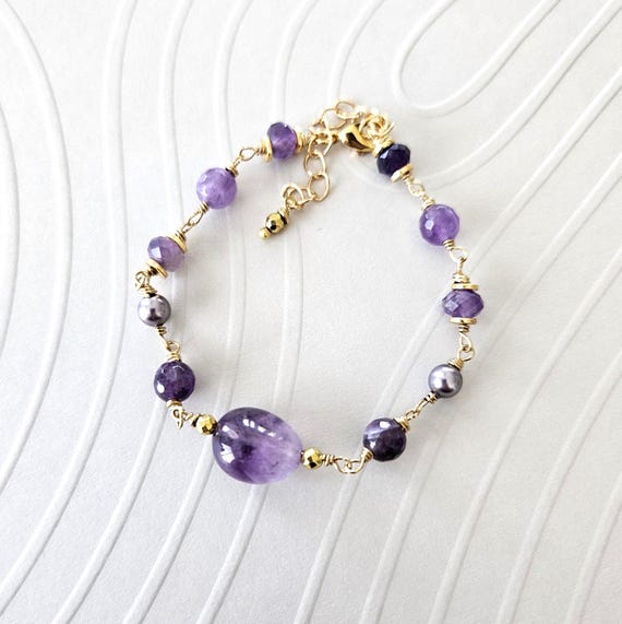 Amethyst & Gold Bracelet: Wire-wrapped Purple Gemstone Bracelet Gift