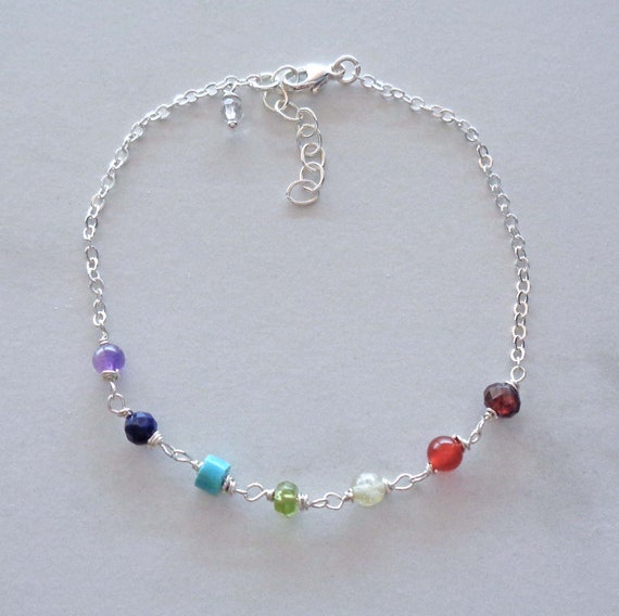 Wire-wrapped Sterling Silver Chakra Bracelet / Dainty Rainbow Bracelet / 7 Chakra Gemstone Bracelet / Genuine Crystals