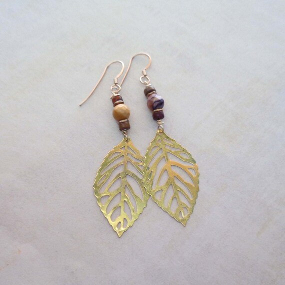 Gold Leaf Earrings / Mookaite Jasper Large Leaf Drops / Fall Colors Earrings / Leaf Jewelry