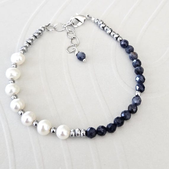 September Birthstone Bracelet / Sapphire and Pearls Gold or Silver / September Birthday Gift