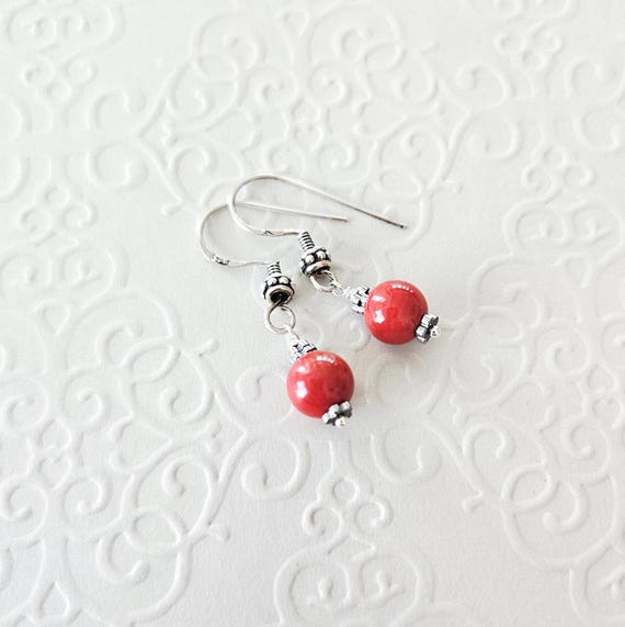 Silver and Coral Drop Earrings - Simple Everyday Drops