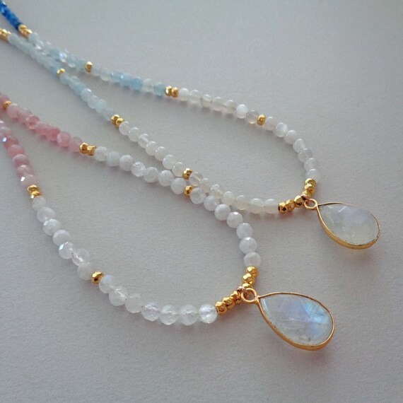 Gold Moonstone Pendant Rose Quartz, Pink Tourmaline, Blue Kyanite, Aquamarine Necklace / Moonstone Luxe Jewelry