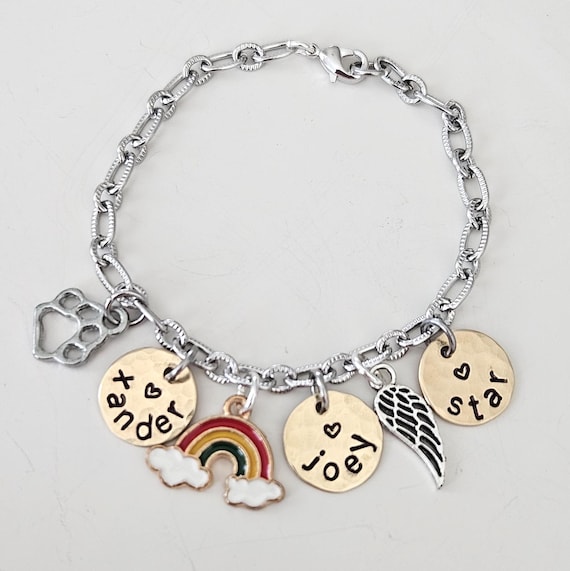 Personalized Pet Name Charm Bracelet, Rainbow Bridge Dog Cat Loss Jewelry, Mixed Metals