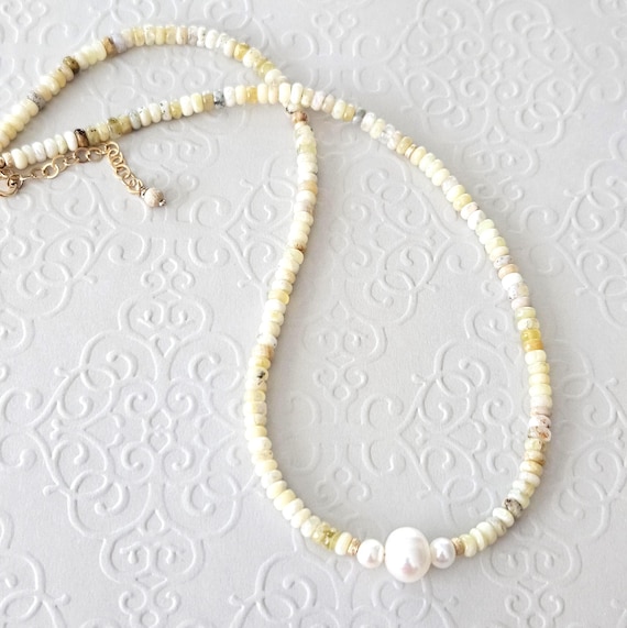 Yellow Opal and Pearls Gold-Fill Necklace / Natural African Golden Yellow Opal