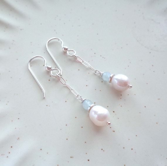 Aquamarine and Pearl Earrings / Simple Elegant Earrings / March Birthday Gift / Silver or Gold Fill