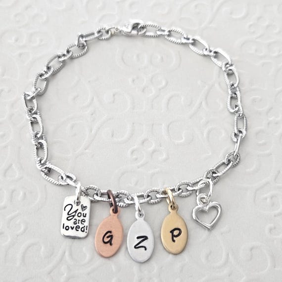Personalized Initials Charm Bracelet Mixed Metals Silver Chain