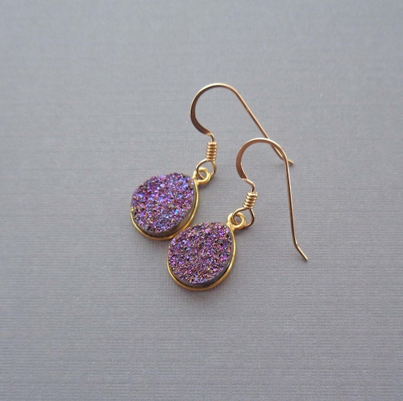 Purple Drusy Earrings Gold Fill Wires / Purple Sparkly Stone / Small Violet Stone Earrings / Sparkly Drusy Jewelry