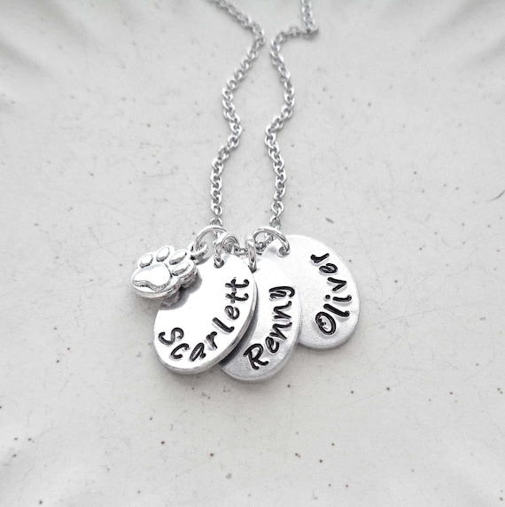 Personalized Pet Names Necklace with Paw / Pet Lover Gift / Personalized Dog Mom Gift / Custom Cat Name Necklace / Oval Disc Silver Tone