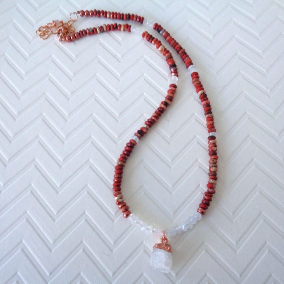 Red Jasper and Moonstone Necklace / Raw Moonstone Pendant / Natural Stone Handmade Jewelry / Earthy Grounding Jewelry