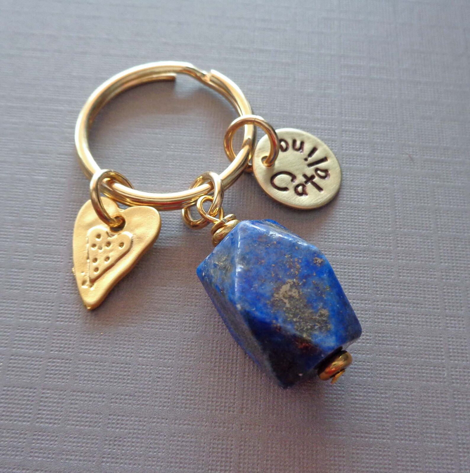 Lapis Lazuli Personalized Keychain / Heart Charm Gold Lapis / Etsy