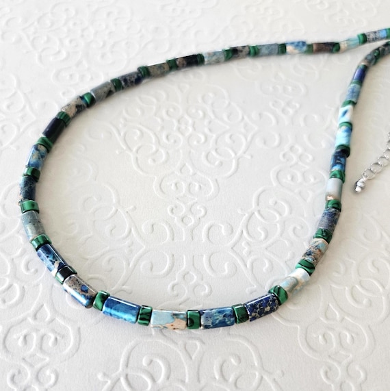 Blue Sediment Jasper and Malachite Necklace - Beaded Jewelry