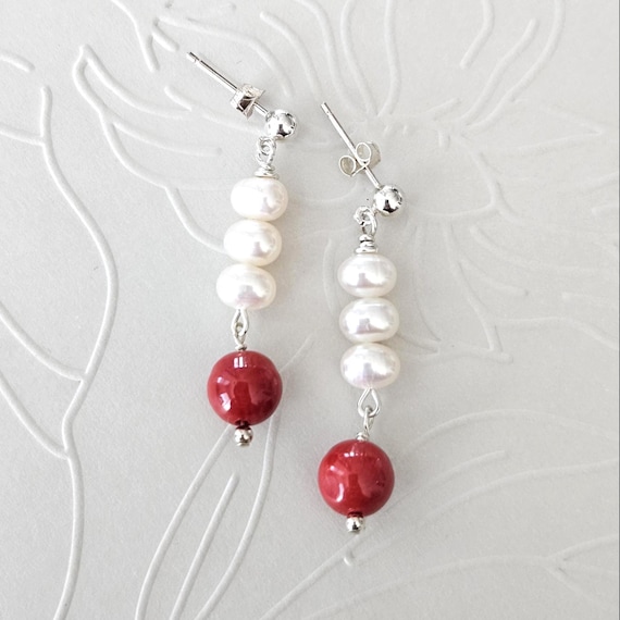 Coral and White Freshwater Pearls Drop Earrings with Sterling Silver Posts