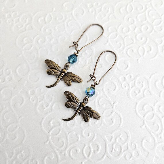 Dragonfly Brass Earrings Kidney Wire Drops