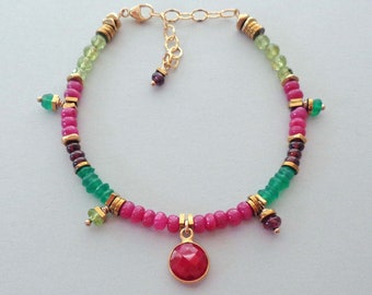 Genuine Ruby Bracelet with Peridot, Garnet, & Green Onyx / Colorful Ruby Jewelry / Unique Gemstone Bracelet / Luxe July Gift