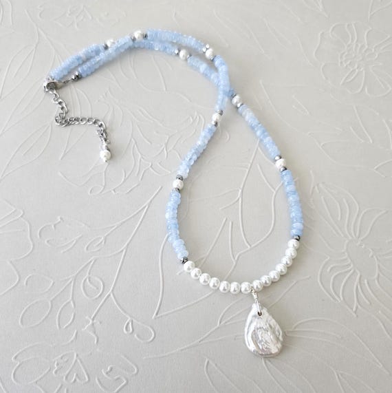 White Coin Pearl and Blue Aquamarine Jade Necklace: Mother's Day Gift