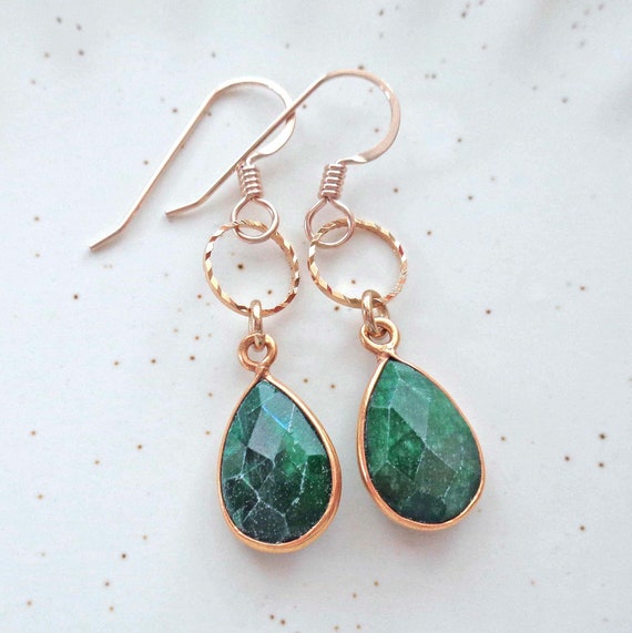 Teardrop Emerald Earrings / Gold Emerald Drops / Gold Fill Natural Emerald Jewelry / May Birthday Gift