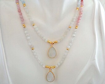 Gold Moonstone Pendant Rose Quartz, Pink Tourmaline, Blue Kyanite, Aquamarine Necklace / Moonstone Luxe Jewelry