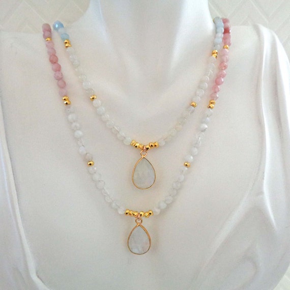 Gold Moonstone Pendant Rose Quartz, Pink Tourmaline, Blue Kyanite, Aquamarine Necklace / Moonstone Luxe Jewelry