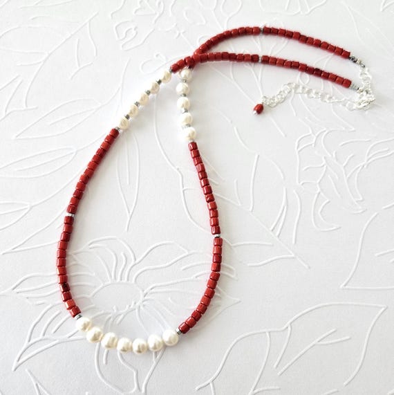Pearl and Bamboo Coral Beaded Necklace Sterling Silver