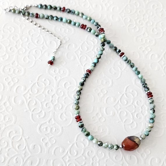 African Turquoise and Carnelian Beaded Necklace / Handmade Turquoise Jewelry