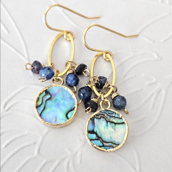 Abalone Shell Drops with Gemstone Dangles - Iolite Kyanite Amazonite Chrysoprase Amethyst
