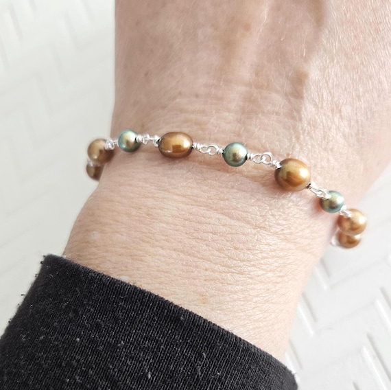 Chocolate and Olive Green Pearl Bracelet in Sterling Silver