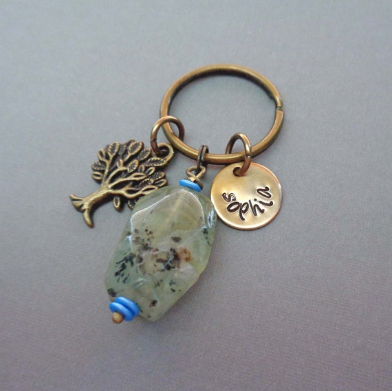 Prehnite Crystal Personalized Tree Keychain - Tumbled Prehnite - Heart Chakra Stone Attract Love Calm Peace