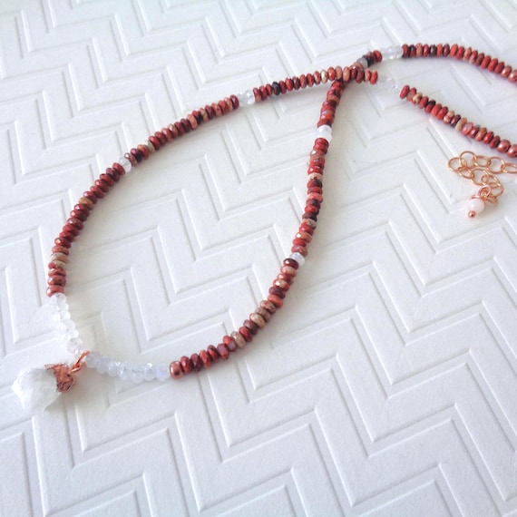 Red Jasper and Raw Moonstone Pendant Necklace, Handmade Gemstone Jewelry