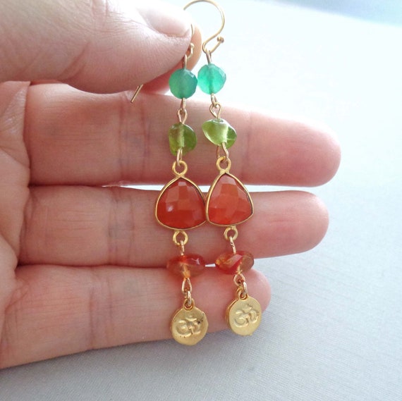 Cheryl Earrings/ Colorful Gold Fill Gemstone Earrings / Peridot, Green Onyx, Carnelian Drops / Summer Jewelry