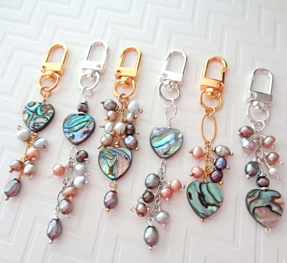 Abalone & Pearl Keychain /Purse Bag Charm / Necklace Pearl Charm / Backpack Clip on / Pearl Dangle Add on