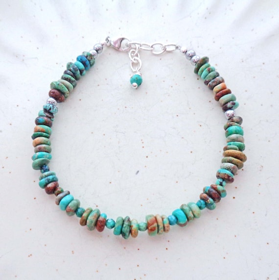 Natural Turquoise Heishi and Chrysocolla Bracelet / Sterling Silver Turquoise Jewelry / Adjustable Bracelet