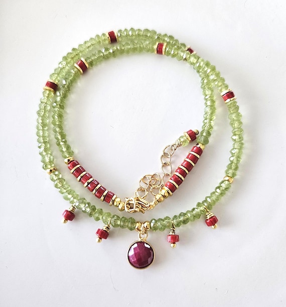 Ruby Peridot & Coral Necklace / Colorful Crystal Jewelry / Genuine Gemstones