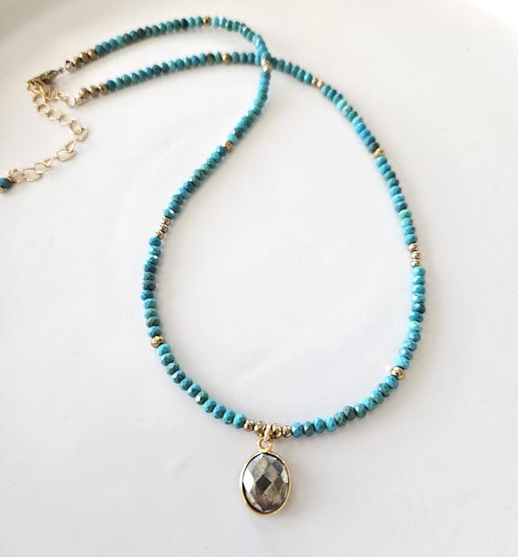 Dainty Turquoise and Pyrite Pendant Necklace in Gold