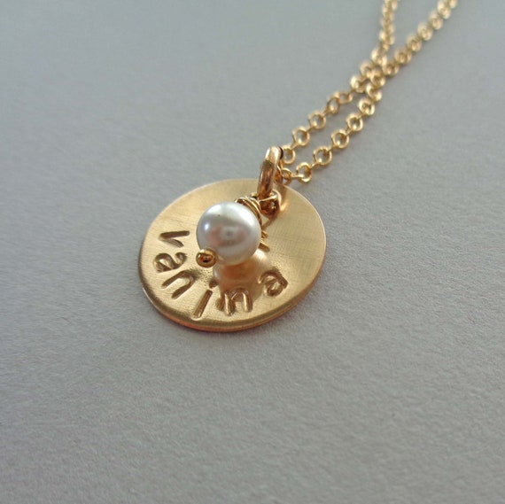 Gold Fill Tiny Name Necklace with Pearl - Gold Name Gift - Gold Birthday Gift - Handmade Unique Hand stamped