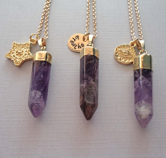 Gold Amethyst Pendant Necklace / February Birthday Gift / Crown Chakra Stone / Personalized Name Word /Healing Worry Stone